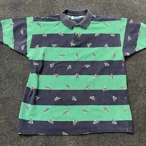 Vintage Stockton Polo Shirt Mens Large Blue Green Stripe Fish Print Made USA